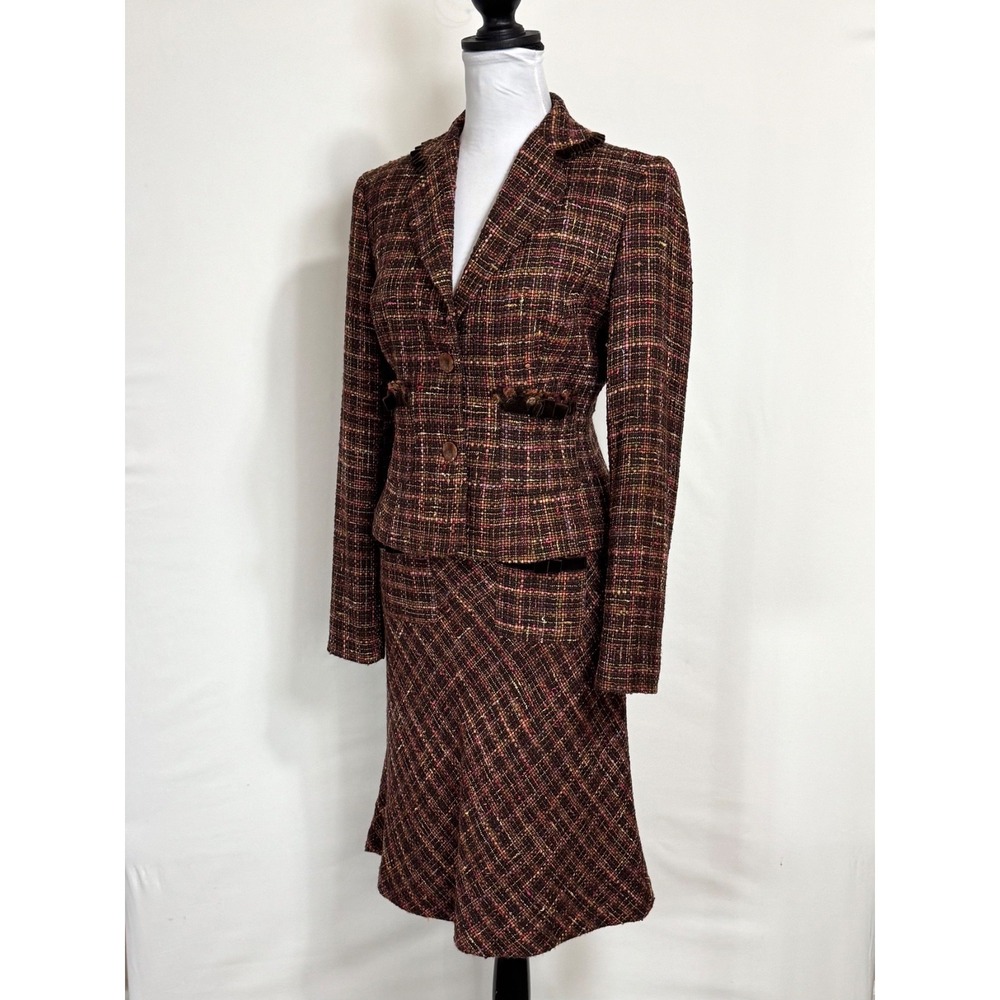 VTG Y2K Express Tweed Skirt Suit Set Size 8 6 Velvet Fringe Trim Preppy Sorority - Picture 4 of 16